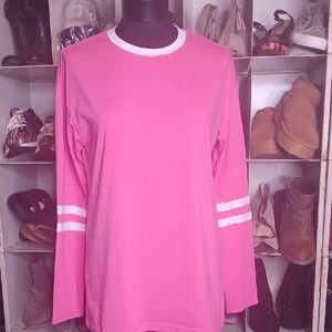 Pink Long Sleeve Shirt with White Stripes
